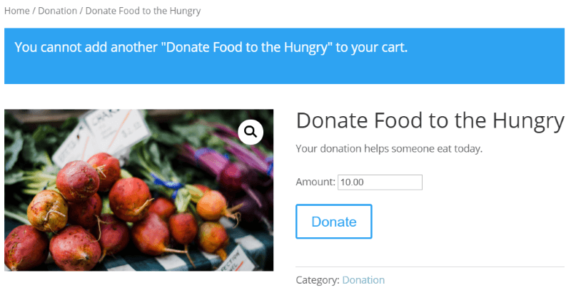 Front-end view of donation set up with Potent Donations for WooCommerce plugin