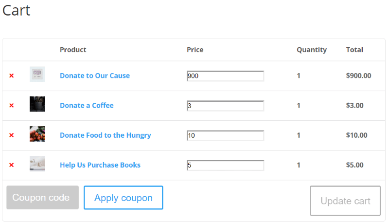 Front-end view of cart page of Potent Donations for WooCommerce plugin