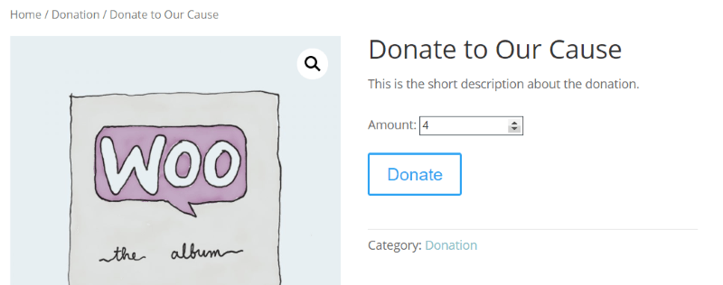 Front-end view of donation set up with Potent Donations for WooCommerce plugin