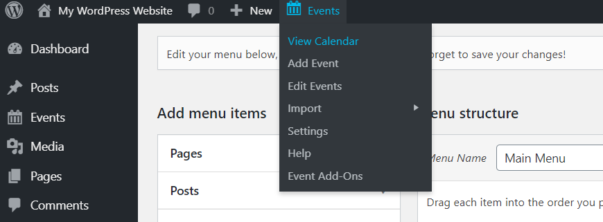 Adding the Events Page to Your Menu