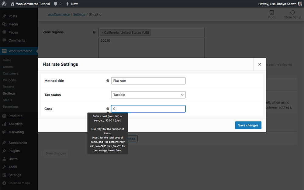 WooCommerce shipping flat rate shipping settings prompt