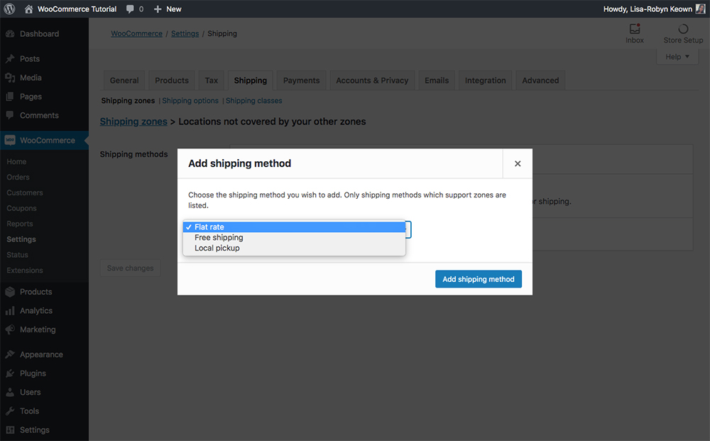 WooCommerce shipping zones other zones add shipping method popup