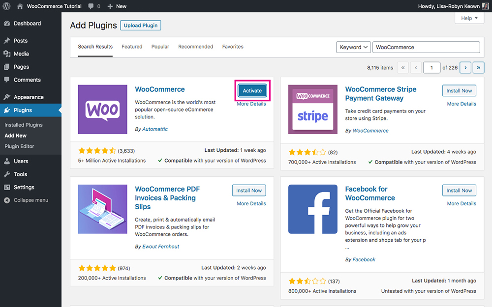 Activate WooCommerce plugin on WordPress