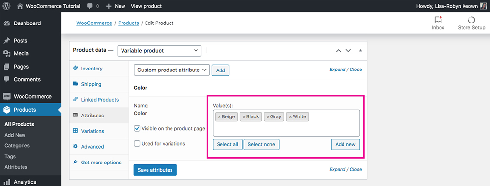 WooCommerce product type variable product with attribute