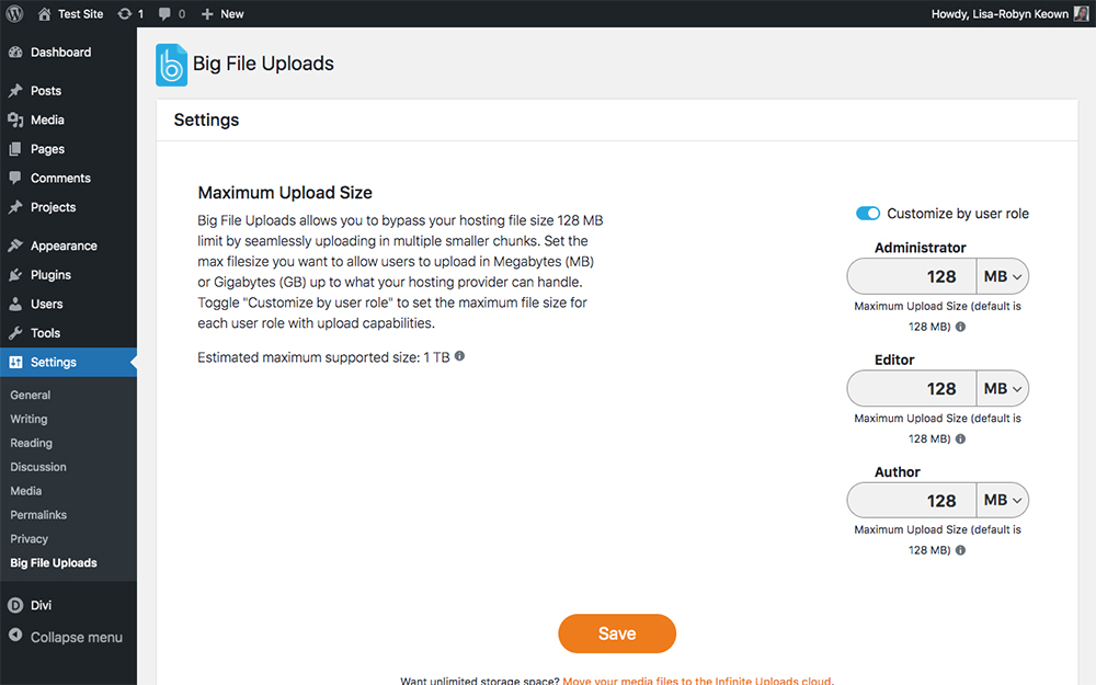 Big File Uploads settings change user
